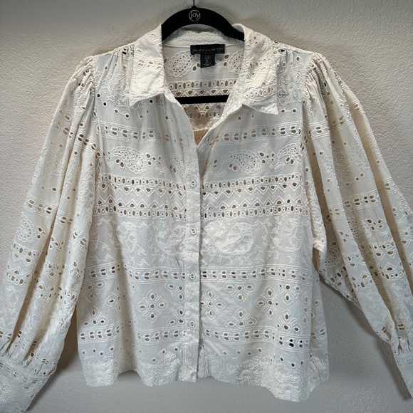 House of Harlow 1960 Button Up blouse Womens Sz. L eyelet Puff Sleeve Romantic - Picture 6 of 15